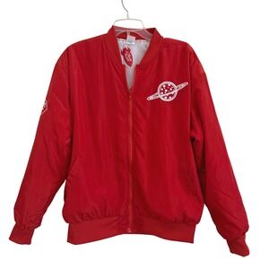 Disney Pixar Toy Story Pizza Planet Bomber Jacket Red Lined Mens M EUC Movie